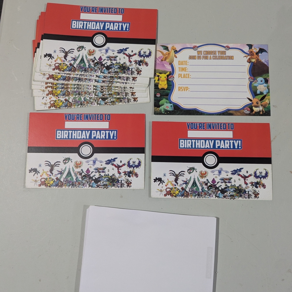 Brand New 12 Pcs Pokemon Themed Birthday Party Invitations With Envelopes